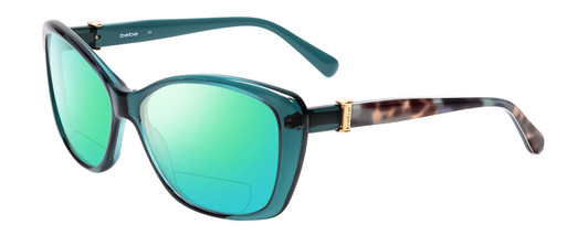 Profile View of Bebe BB7141-471 Designer Polarized Reading Sunglasses with Custom Cut Powered Green Mirror Lenses in Crystal Teal Blue Green Tortoise Brown Gold Ladies Cateye Full Rim Acetate 57 mm