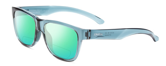 Profile View of Smith Optics Lowdown Slim 2 Designer Polarized Reading Sunglasses with Custom Cut Powered Green Mirror Lenses in Crystal Stone Green Blue Unisex Classic Full Rim Acetate 53 mm