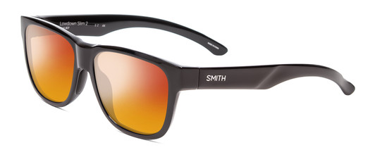 Profile View of Smith Optics Lowdown Slim 2 Designer Polarized Sunglasses with Custom Cut Red Mirror Lenses in Gloss Black Unisex Classic Full Rim Acetate 53 mm