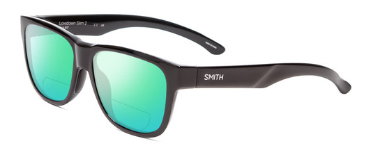 Profile View of Smith Optics Lowdown Slim 2 Designer Polarized Reading Sunglasses with Custom Cut Powered Green Mirror Lenses in Gloss Black Unisex Classic Full Rim Acetate 53 mm