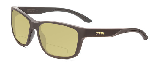 Profile View of Smith Optics Basecamp Designer Polarized Reading Sunglasses with Custom Cut Powered Sun Flower Yellow Lenses in Matte Gravy Grey Unisex Square Full Rim Acetate 58 mm
