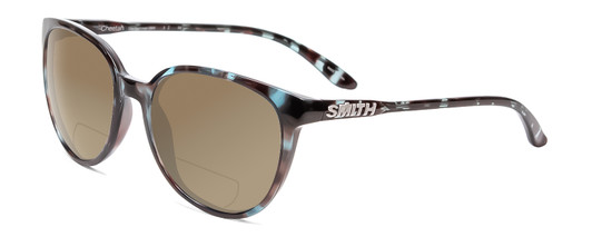 Profile View of Smith Optics Cheetah Designer Polarized Reading Sunglasses with Custom Cut Powered Amber Brown Lenses in Sky Tortoise Havana Marble Brown Ladies Cateye Full Rim Acetate 54 mm