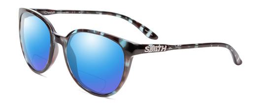 Profile View of Smith Optics Cheetah Designer Polarized Reading Sunglasses with Custom Cut Powered Blue Mirror Lenses in Sky Tortoise Havana Marble Brown Ladies Cateye Full Rim Acetate 54 mm