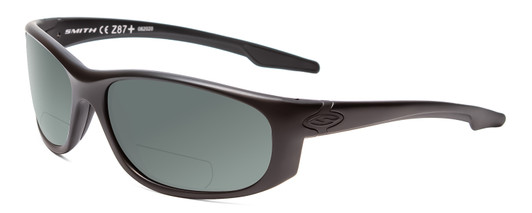 Profile View of Smith Optics Chamber Designer Polarized Reading Sunglasses with Custom Cut Powered Smoke Grey Lenses in Matte Black Unisex Wrap Full Rim Acetate 65 mm