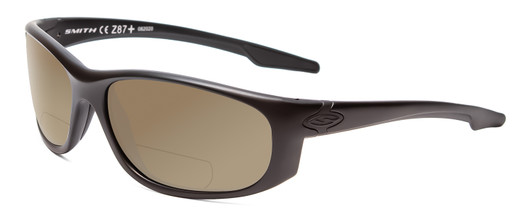 Profile View of Smith Optics Chamber Designer Polarized Reading Sunglasses with Custom Cut Powered Amber Brown Lenses in Matte Black Unisex Wrap Full Rim Acetate 65 mm