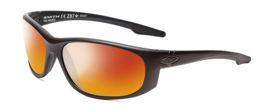 Profile View of Smith Optics Chamber Designer Polarized Sunglasses with Custom Cut Red Mirror Lenses in Matte Black Unisex Wrap Full Rim Acetate 65 mm