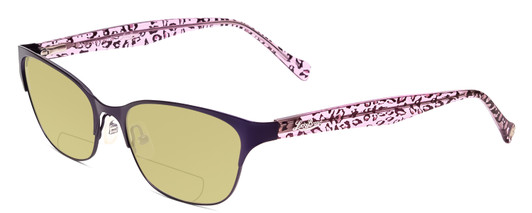 Profile View of Lucky Brand D100 Designer Polarized Reading Sunglasses with Custom Cut Powered Sun Flower Yellow Lenses in Purple Cheetah Lavender Ladies Oval Full Rim Metal 52 mm