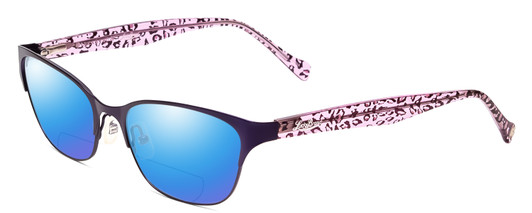 Profile View of Lucky Brand D100 Designer Polarized Reading Sunglasses with Custom Cut Powered Blue Mirror Lenses in Purple Cheetah Lavender Ladies Oval Full Rim Metal 52 mm
