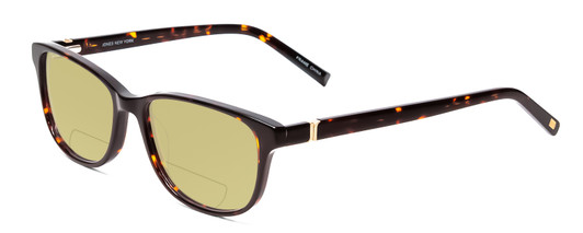 Profile View of Jones New York J759 Designer Polarized Reading Sunglasses with Custom Cut Powered Sun Flower Yellow Lenses in Tortoise Havana Brown Gold Unisex Classic Full Rim Acetate 52 mm