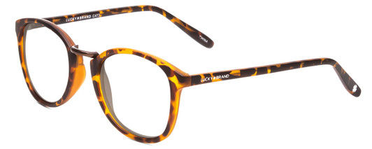 Profile View of Lucky Brand INDIO Designer Reading Eye Glasses in Matte Tortoise Havana Brown Gold Unisex Round Full Rim Acetate 50 mm