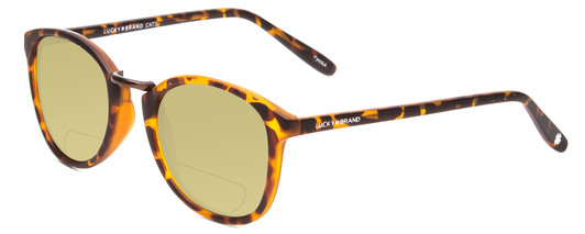 Profile View of Lucky Brand INDIO Designer Polarized Reading Sunglasses with Custom Cut Powered Sun Flower Yellow Lenses in Matte Tortoise Havana Brown Gold Unisex Round Full Rim Acetate 50 mm