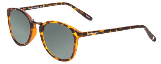 Profile View of Lucky Brand INDIO Designer Polarized Reading Sunglasses with Custom Cut Powered Smoke Grey Lenses in Matte Tortoise Havana Brown Gold Unisex Round Full Rim Acetate 50 mm