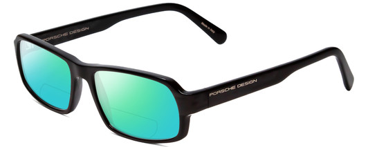 Profile View of Porsche Designs P8215-A Designer Polarized Reading Sunglasses with Custom Cut Powered Green Mirror Lenses in Black Carbon Fiber Unisex Square Full Rim Acetate 55 mm