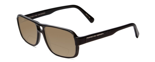 Profile View of Porsche Designs P8217-A Designer Polarized Reading Sunglasses with Custom Cut Powered Amber Brown Lenses in Crystal Dark Grey Carbon Fiber Unisex Square Full Rim Acetate 56 mm