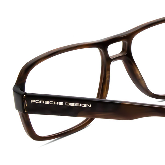 Close Up View of Porsche Designs P8217-B Designer Single Vision Prescription Rx Eyeglasses in Brown Carbon Fiber Unisex Square Full Rim Acetate 56 mm