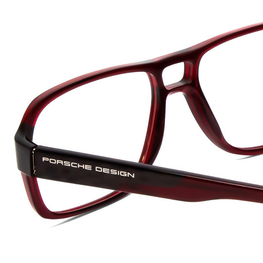 Close Up View of Porsche Designs P8217-D Designer Single Vision Prescription Rx Eyeglasses in Crystal Dark Red Carbon Fiber Unisex Square Full Rim Acetate 56 mm