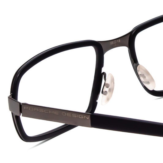 Close Up View of Porsche Designs P8220-D Designer Single Vision Prescription Rx Eyeglasses in Dark Grey Matte Blue Unisex Square Full Rim Titanium 56 mm
