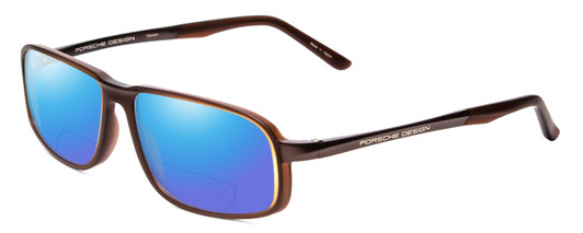 Profile View of Porsche Designs P8229-B Designer Polarized Reading Sunglasses with Custom Cut Powered Blue Mirror Lenses in Brown Unisex Oval Full Rim Titanium 57 mm