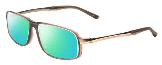 Profile View of Porsche Designs P8229-C Designer Polarized Reading Sunglasses with Custom Cut Powered Green Mirror Lenses in Grey Unisex Oval Full Rim Titanium 57 mm
