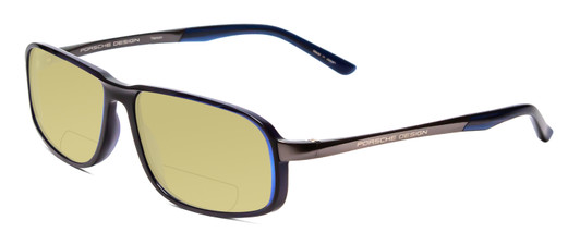 Profile View of Porsche Designs P8229-D Designer Polarized Reading Sunglasses with Custom Cut Powered Sun Flower Yellow Lenses in Crystal Blue & Gun Metal Unisex Oval Full Rim Titanium 57 mm