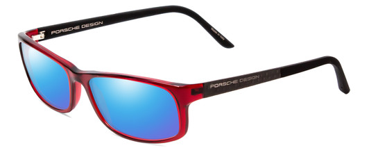 Profile View of Porsche Designs P8243-C Designer Polarized Sunglasses with Custom Cut Blue Mirror Lenses in Crystal Cherry Red Matte Black Unisex Oval Full Rim Acetate 54 mm