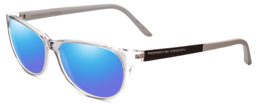 Profile View of Porsche Designs P8246-D Designer Polarized Sunglasses with Custom Cut Blue Mirror Lenses in Crystal Grey Unisex Oval Full Rim Acetate 56 mm