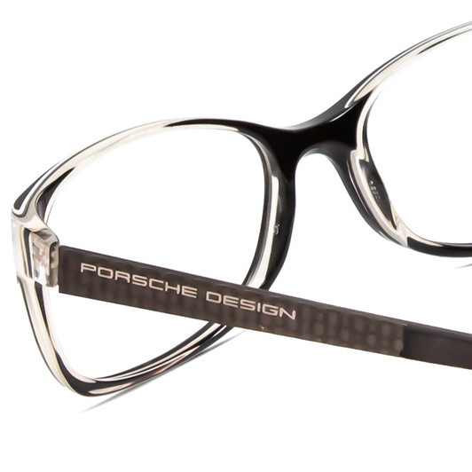 Close Up View of Porsche Designs P8247-A Designer Single Vision Prescription Rx Eyeglasses in Black Layer Crystal Unisex Oval Full Rim Acetate 55 mm