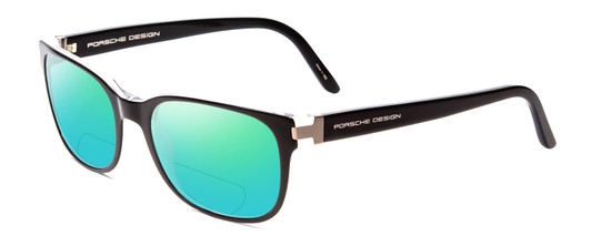 Profile View of Porsche Designs P8250-A Designer Polarized Reading Sunglasses with Custom Cut Powered Green Mirror Lenses in Black Layer Crystal Unisex Oval Full Rim Acetate 55 mm
