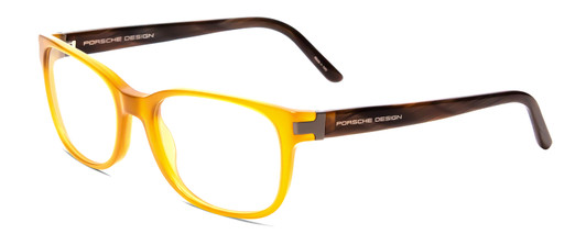 Profile View of Porsche Designs P8250-B Designer Blue Light Blocking Eyeglasses in Honey Yellow Orange Chocolate Brown Marble Unisex Oval Full Rim Acetate 55 mm