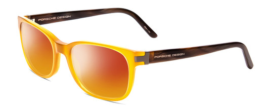 Profile View of Porsche Designs P8250-B Designer Polarized Sunglasses with Custom Cut Red Mirror Lenses in Honey Yellow Orange Chocolate Brown Marble Unisex Oval Full Rim Acetate 55 mm