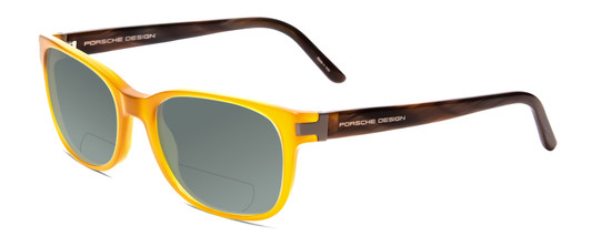 Profile View of Porsche Designs P8250-B Designer Polarized Reading Sunglasses with Custom Cut Powered Smoke Grey Lenses in Honey Yellow Orange Chocolate Brown Marble Unisex Oval Full Rim Acetate 55 mm