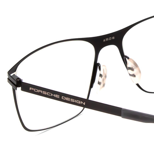Close Up View of Porsche Designs P8256-E Designer Single Vision Prescription Rx Eyeglasses in Satin Black Unisex Square Full Rim Metal 55 mm