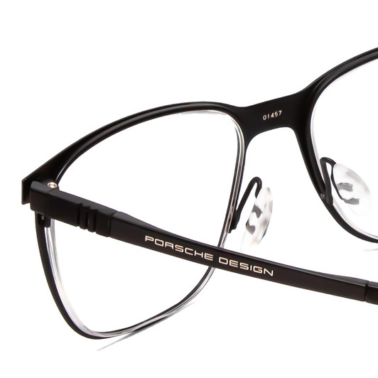 Close Up View of Porsche Designs P8275-A Designer Single Vision Prescription Rx Eyeglasses in Satin Black/Matte Unisex Square Full Rim Metal 55 mm
