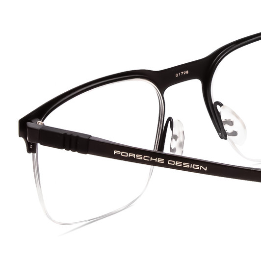 Close Up View of Porsche Designs P8277-A Designer Single Vision Prescription Rx Eyeglasses in Satin Black/Matte Unisex Square Semi-Rimless Metal 54 mm