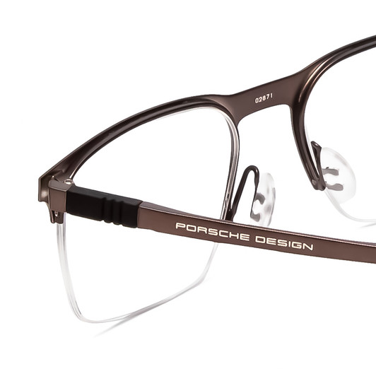 Close Up View of Porsche Designs P8277-D Designer Single Vision Prescription Rx Eyeglasses in Satin Brown Black Unisex Square Semi-Rimless Metal 54 mm