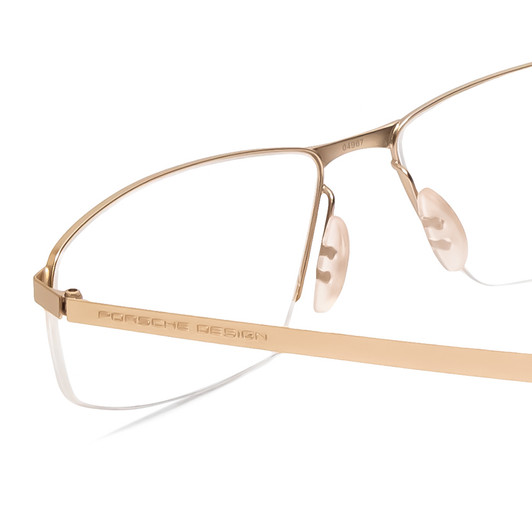 Close Up View of Porsche Designs P8284-B Designer Single Vision Prescription Rx Eyeglasses in Satin Gold Black Unisex Rectangle Semi-Rimless Metal 59 mm
