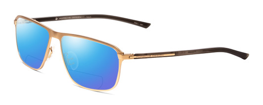 Profile View of Porsche Designs P8285-B Designer Polarized Reading Sunglasses with Custom Cut Powered Blue Mirror Lenses in Satin Gold Black Unisex Square Full Rim Titanium 56 mm