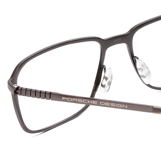 Close Up View of Porsche Designs P8293-A Designer Single Vision Prescription Rx Eyeglasses in Dark Gun Metal Grey Unisex Square Full Rim Titanium 55 mm