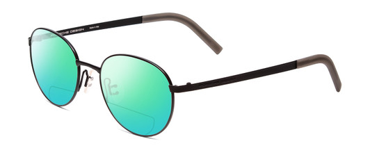 Profile View of Porsche Designs P8315-A Designer Polarized Reading Sunglasses with Custom Cut Powered Green Mirror Lenses in Satin Black Grey Unisex Round Full Rim Metal 52 mm