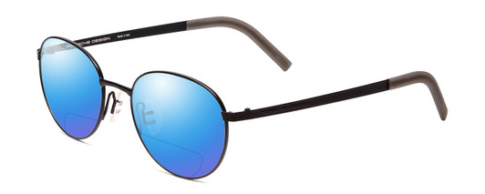 Profile View of Porsche Designs P8315-A Designer Polarized Reading Sunglasses with Custom Cut Powered Blue Mirror Lenses in Satin Black Grey Unisex Round Full Rim Metal 52 mm