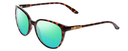Profile View of Smith Optics Cheetah Designer Polarized Reading Sunglasses with Custom Cut Powered Green Mirror Lenses in Tortoise Havana Brown Gold Ladies Round Full Rim Acetate 54 mm