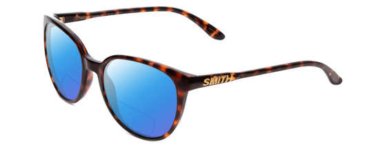 Profile View of Smith Optics Cheetah Designer Polarized Reading Sunglasses with Custom Cut Powered Blue Mirror Lenses in Tortoise Havana Brown Gold Ladies Round Full Rim Acetate 54 mm