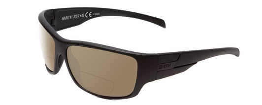 Profile View of Smith Optics Frontman Designer Polarized Reading Sunglasses with Custom Cut Powered Amber Brown Lenses in Matte Black Unisex Wrap Full Rim Acetate 61 mm
