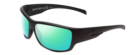 Profile View of Smith Optics Frontman Designer Polarized Reading Sunglasses with Custom Cut Powered Green Mirror Lenses in Matte Black Unisex Wrap Full Rim Acetate 61 mm