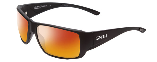 Profile View of Smith Optics Guides Choice Designer Polarized Sunglasses with Custom Cut Red Mirror Lenses in Matte Black Unisex Rectangle Full Rim Acetate 63 mm