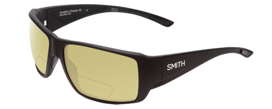 Profile View of Smith Optics Guides Choice Designer Polarized Reading Sunglasses with Custom Cut Powered Sun Flower Yellow Lenses in Matte Black Unisex Rectangle Full Rim Acetate 63 mm
