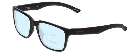 Profile View of Smith Optics Headliner Designer Progressive Lens Blue Light Blocking Eyeglasses in Matte Black Unisex Square Full Rim Acetate 55 mm with Blue Light Zone functionality illustration laid over the lens