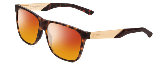 Profile View of Smith Optics Lowdown Steel Designer Polarized Sunglasses with Custom Cut Red Mirror Lenses in Matte Tortoise Havana Gold Unisex Classic Full Rim Acetate 59 mm