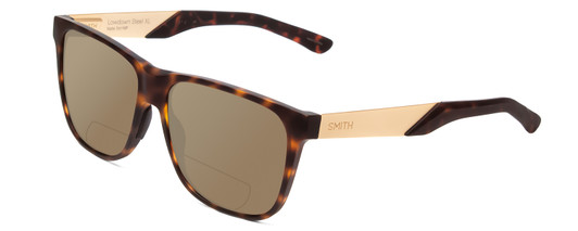 Profile View of Smith Optics Lowdown Steel Designer Polarized Reading Sunglasses with Custom Cut Powered Amber Brown Lenses in Matte Tortoise Havana Gold Unisex Classic Full Rim Acetate 59 mm