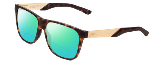 Profile View of Smith Optics Lowdown Steel Designer Polarized Reading Sunglasses with Custom Cut Powered Green Mirror Lenses in Matte Tortoise Havana Gold Unisex Classic Full Rim Acetate 59 mm